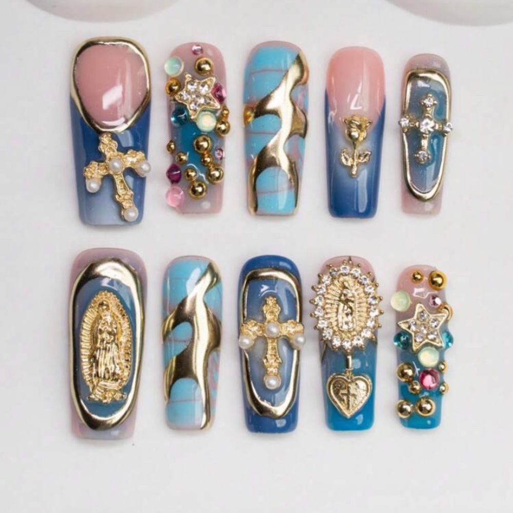 Gold and Blue Embellished Nail Set